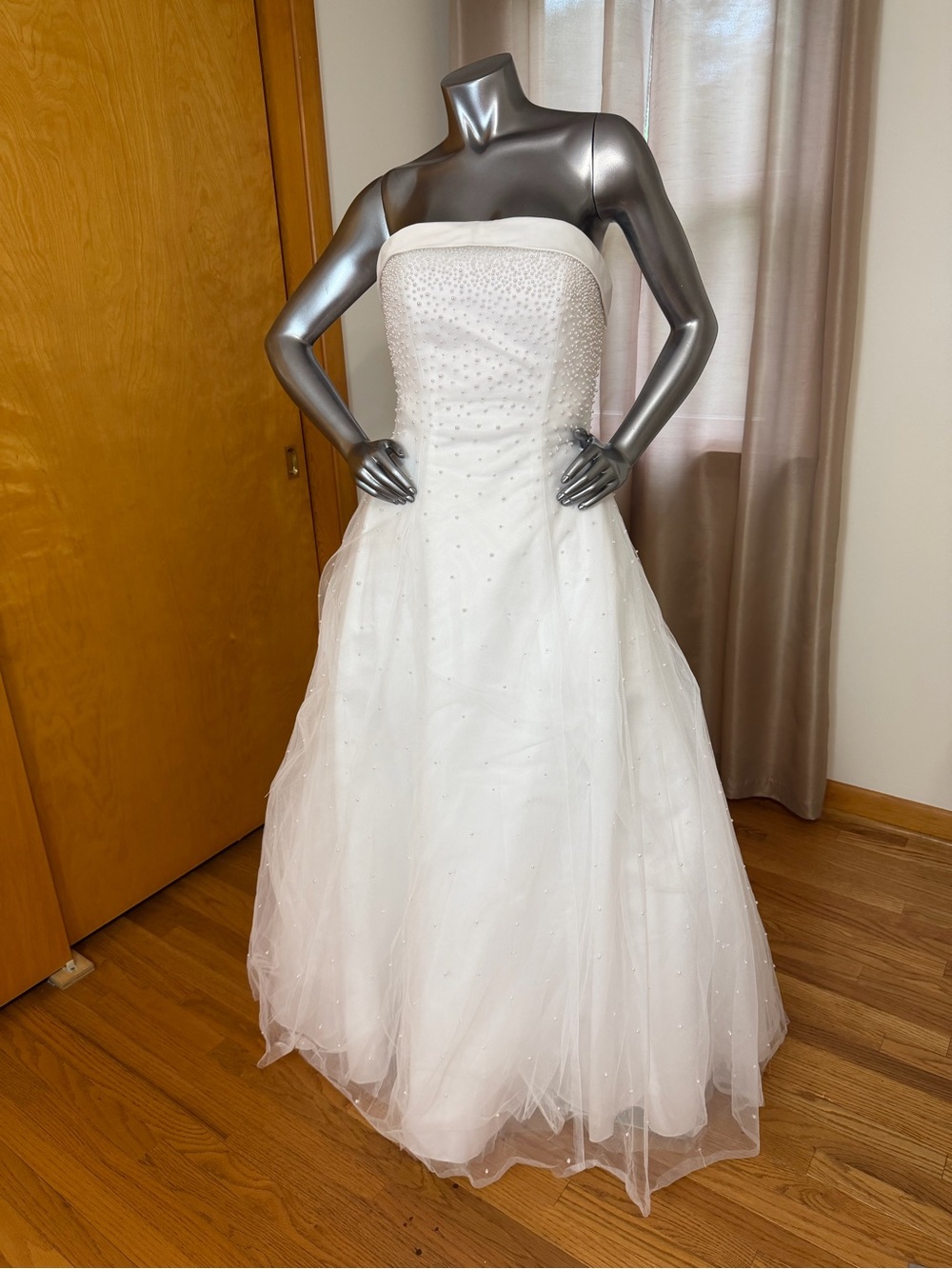 Strapless White Tulle Formal Dress with pearl accents z
